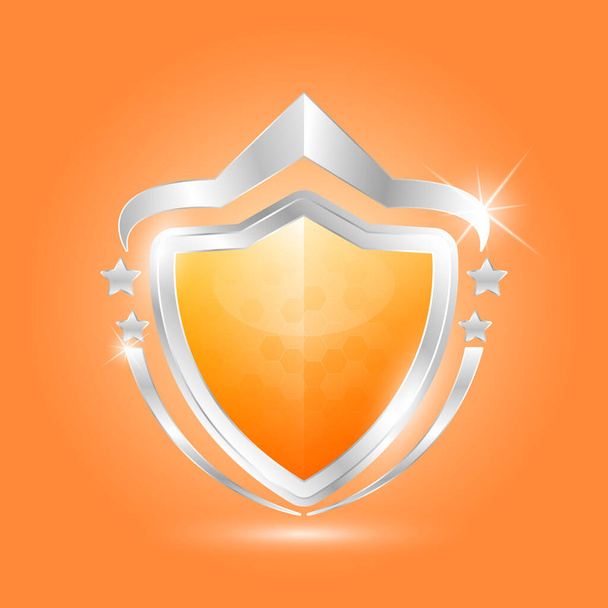 Protection shield and metallic aluminum shiny silver with orange shiny glass glowing. Safety badge label icon 3d isolated on solid background. Presentation sticker shape. Defense sign. Vector. - Vector, imagen