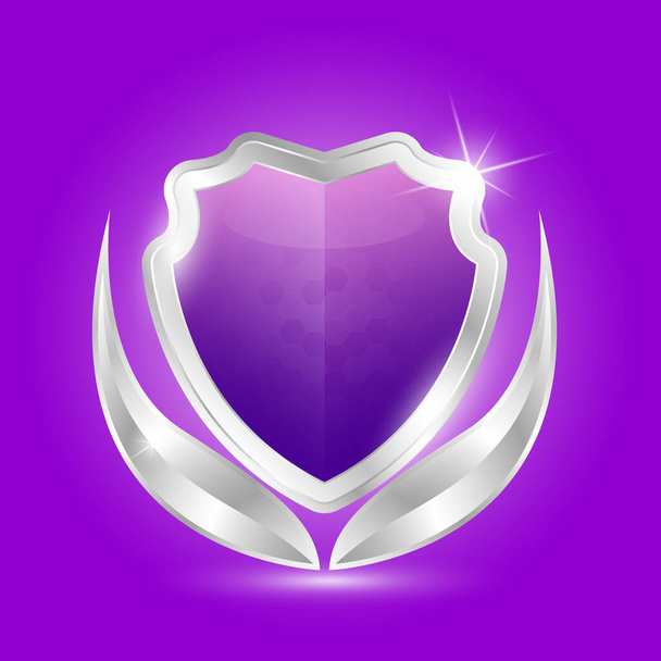 Protection shield and metallic aluminum shiny silver with purple shiny glass glowing. Safety badge label icon 3d isolated on solid background. Presentation sticker shape. Defense sign. Vector. - ベクター画像