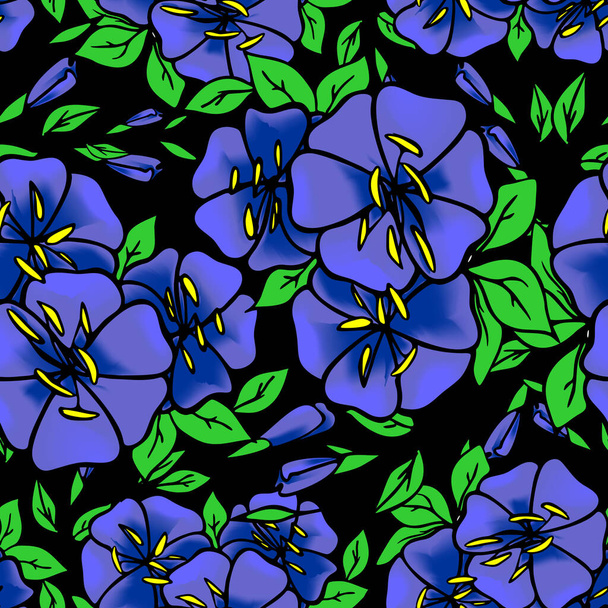 黒の背景に青い大きな花のシームレスなパターン、テクスチャ、デザイン - ベクター画像