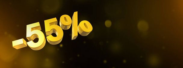 55% off discount. Offer sale. 3D illustration isolated on black. Horizontal banner. Gold numbers and flares - Fotografie, Obrázek
