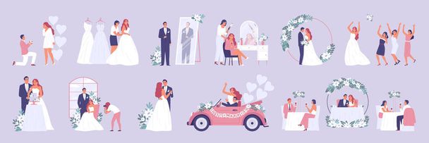 Cerimônia de casamento conjunto de cores com ícones isolados do casal recém-casado e seus convidados com rituais ilustração vetorial - Vetor, Imagem