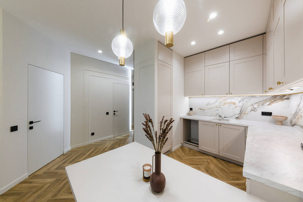studio kuchyně s lehkým nábytkem v novém světlém domě s dřevěnou podlahou - Fotografie, Obrázek