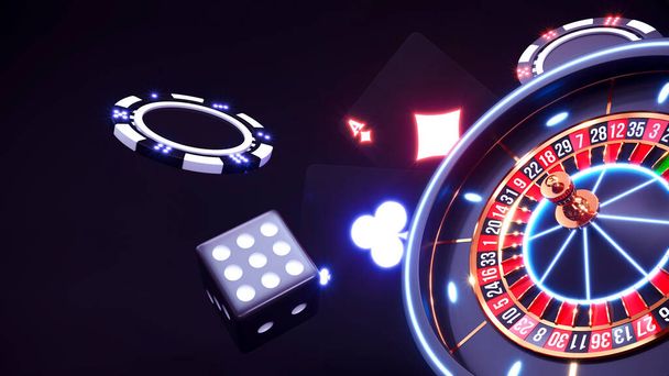 "Casino background with neon roulette dice and chips falling 3d rendering" - Foto, Bild