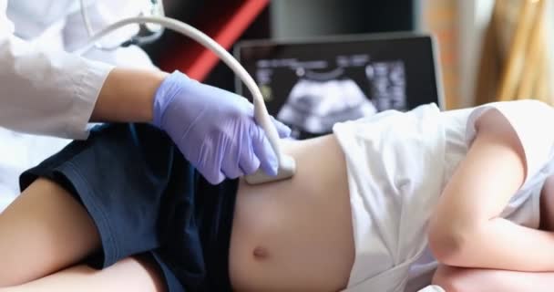 子供は超音波を受けて腎臓結石の位置を決定する前にリトトリプシー手順.子供の概念における臓器の超音波 - 映像、動画