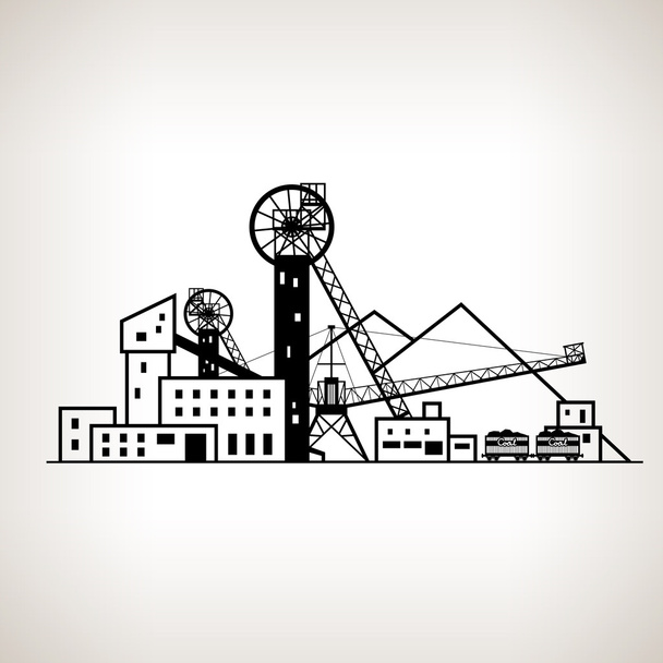 Силуетна вугільна шахта зі зіпсованим наконечником і з вагонами, Векторні ілюстрації
 - Вектор, зображення