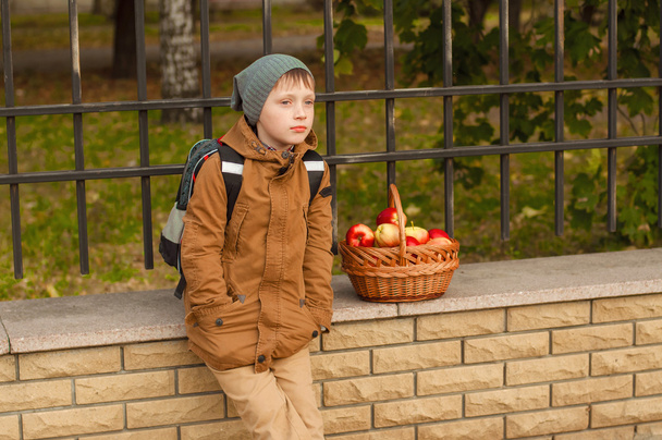 Boy with a school backpack with a basket of apples - Foto, Imagen