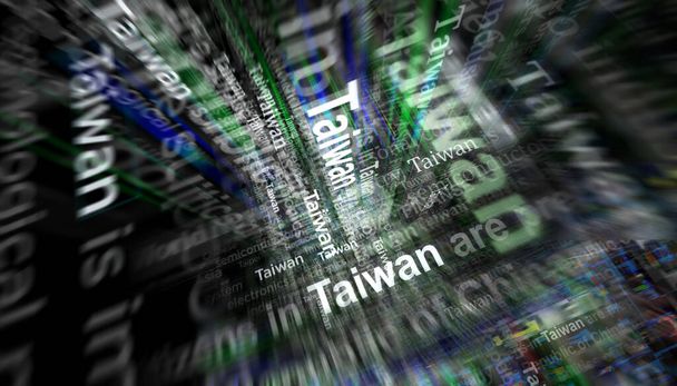 台湾、台湾経済、政治と国際メディアでニュースを発信。ノイズディスプレイ上のニュースタイトルの抽象概念。TVグリッチ効果3Dイラスト. - 写真・画像