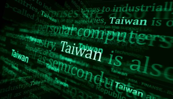 Hlavní zprávy v mezinárodních médiích s Tchaj-wanem, tchajwanskou ekonomikou a politikou. Abstraktní koncept titulů zpráv na hlukových displejích. TV závada efekt 3D ilustrace. - Fotografie, Obrázek