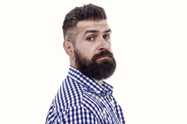 Trust your barber. Facial hair. Hipster with long beard and stylish hair on white background. Brutal guy with shaped beard and mustache hair. Bearded man with unshaven face hair. Services for men. - Foto, Imagen