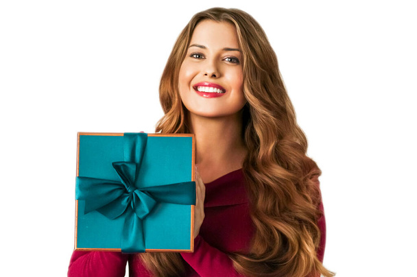 Birthday, Christmas or holiday present, happy woman holding a blue gift or luxury beauty box subscription delivery isolated on white background, portrait - Photo, image