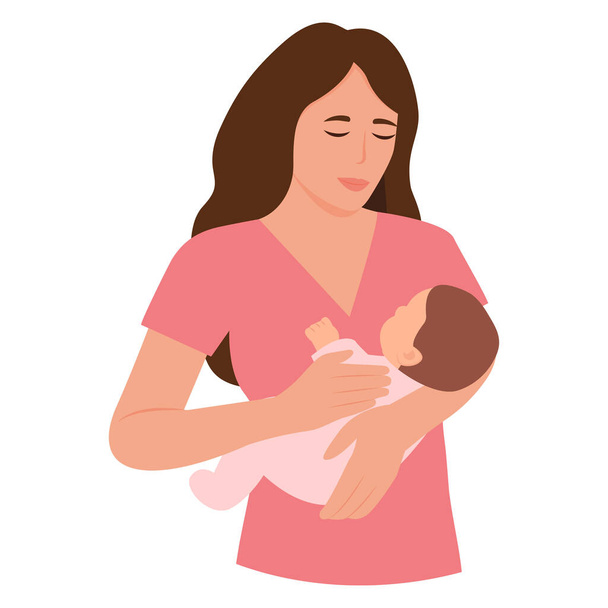 Linda madre con un recién nacido. Mamá sostiene al bebé en sus brazos. Día de las madres. Ilustración vectorial en estilo plano. - Vector, imagen
