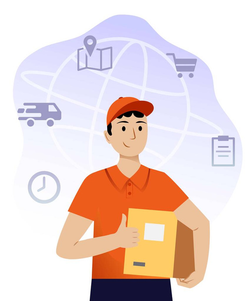 Delivery man worker courier with box flat illustration delivery icons online shopping service concept - Vector, Image