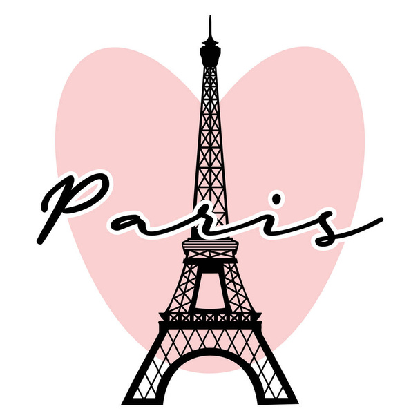 Silueta de la Torre Eiffel y la inscripción París en el fondo del corazón. Cartel retro, ilustración, vector - Vector, Imagen