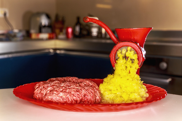 old grinder with minced meat on table - Photo, Image