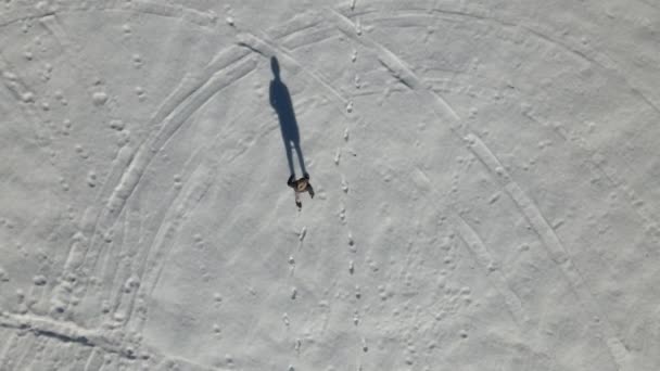 Κηφήνας άποψη του νεαρού άνδρα με τα πόδια στο χιόνι την ηλιόλουστη μέρα, θέα του νεαρού άνδρα σέρνεται στην ουλή το χειμώνα, πατημασιές αριστερά στο χιόνι - Πλάνα, βίντεο