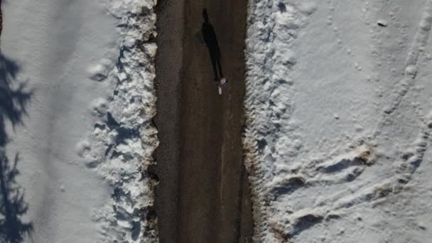 Вид с беспилотника на человека, идущего по груде снега, идущего на улицу зимой, деятельность в снежном лесу, человека, идущего вперед к собственной тени на снежной дороге - Кадры, видео