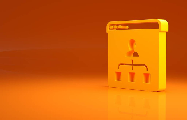 Amarillo Icono de educación y graduación en línea aislado sobre fondo naranja. Profesor en línea en monitor. Webinar y video seminario de aprendizaje. Concepto minimalista. 3D ilustración 3D render. - Foto, imagen