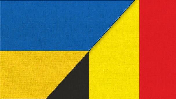 Bandera de Ucrania y Bélgica - Ilustración 3D. Dos banderas juntas. Símbolos nacionales de Ucrania y Bélgica. Relaciones entre Ucrania y Bélgica. Juego de fútbol entre Ucrania y Bélgica. Competencia deportiva - Foto, imagen