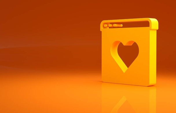Yellow Dating app online laptop concept icon isolated on orange background. Female male profile flat design. Couple match for relationship. Minimalism concept. 3d illustration 3D render. - Foto, afbeelding