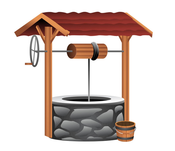 puits d'eau pierre avec seau en bois isolé - Vecteur, image