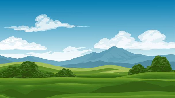 illustration of the green field, the beautiful sky with a mountain. - Vector, Image
