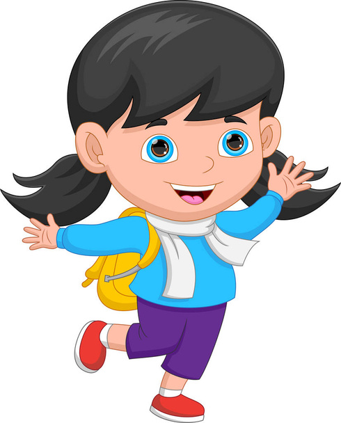 cartoon kleine schoolmeisje zwaaien - Vector, afbeelding