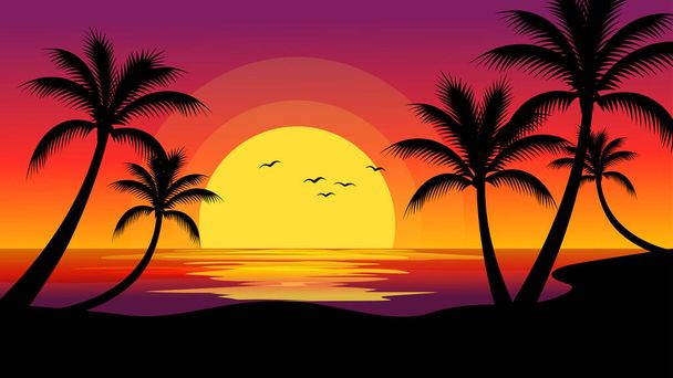 τροπικό καλοκαιρινό τοπίο με φοίνικες, φοίνικες και ηλιοβασίλεμα στην παραλία, φόντο διακοπών. διακοπές, ταξίδια και - Διάνυσμα, εικόνα