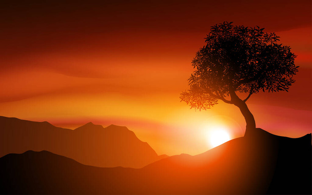 oranssi auringonlasku vektori maisema puu siluetti ja sumuinen vuoret - Vektori, kuva