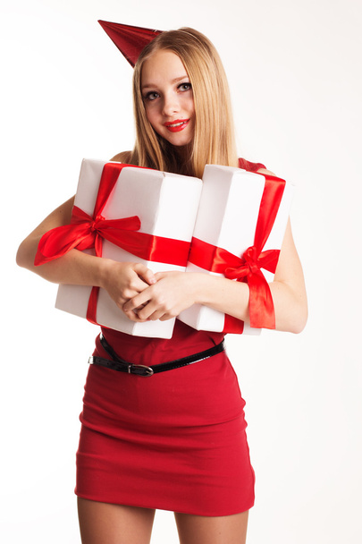 Beautiful girl holding gift boxes, happy Birthday - Zdjęcie, obraz