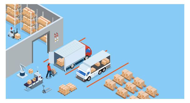 Conceito logístico de armazém isométrico 3D com trabalhadores carregando produtos nos caminhões, serviço de operação de transporte, exportação, importação, empilhadeira, paletes, caixas de papelão. Ilustração vetorial EPS 10 - Vetor, Imagem