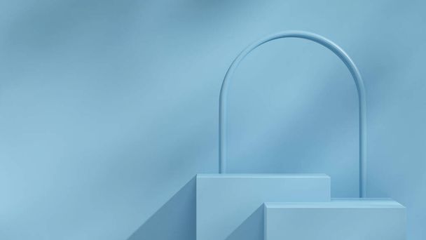 podium bloc bleu dans le paysage arc minimal et mur, modèle de maquette de rendu 3D - Photo, image