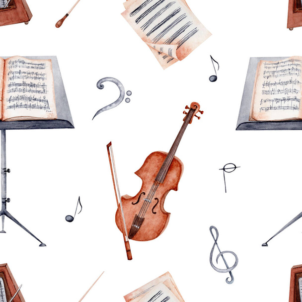 Violin, Music Stand, Σημειώσεις και Φύλλο Μουσική ακουαρέλα αδιάλειπτη μοτίβο σε λευκό φόντο. Τέλειος σχεδιασμός για χαρτί περιτυλίγματος, ύφασμα και άλλες εκτυπώσεις. - Φωτογραφία, εικόνα