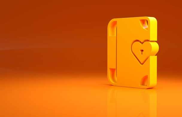Yellow Love diary notebook album icon isolated on orange background. Happy Valentines day. Minimalism concept. 3d illustration 3D render. - Fotoğraf, Görsel