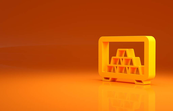 Żółty sejf ze złotymi paskami ikony izolowane na pomarańczowym tle. Złoża metali szlachetnych w banku. Metalowy skarbiec. Niezawodna ochrona danych. Koncepcja minimalizmu. Ilustracja 3D 3D renderowania. - Zdjęcie, obraz