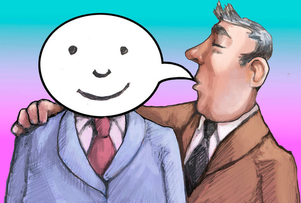 Duas figuras lado a lado o alto-falante cobre o rosto do ouvinte com uma metáfora de lavagem cerebral de bolhas sorridente - Foto, Imagem