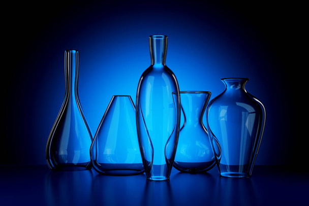 Empty glass vases realistic 3d render illustration on blue background - Photo, Image