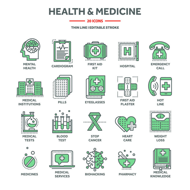 Health care and medicine, first aid. Hospital services, blood tests and diagnostic. Heart cardiogram, heartbeat. Pharmacy, pills and drugs. Thin line web icons collection. Vector illustration. - Wektor, obraz
