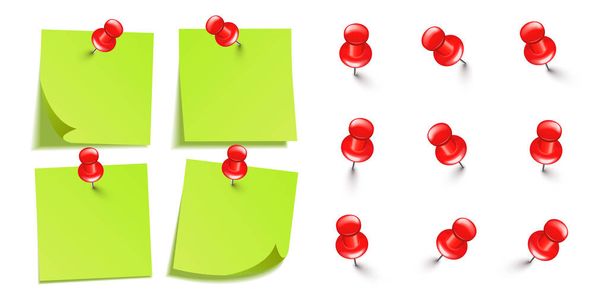 Realistic blank sticky notes isolated on white background. Green sheets of note paper with red push pins. Paper reminder and plastic pushpin with needle. Board tacks. Vector illustration. - Vector, Imagen
