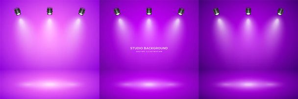 Lege violette studio abstracte achtergronden met schijnwerpers. Product vitrine achtergrond. Toneelverlichting. Vectorillustratie. - Vector, afbeelding
