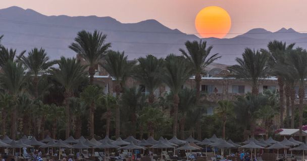 große orangefarbene Sonne über Bergen mit Palmen und vielen Sonnenschirmen beim Sonnenuntergang in Ägypten - Foto, Bild