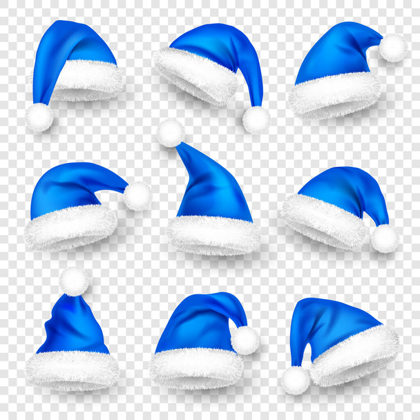 Varios sombreros de Santa Claus con piel. Sombrero azul de Año Nuevo, gorra de invierno realista. Elemento de diseño de tarjeta de felicitación navideña. Ilustración vectorial. - Vector, imagen