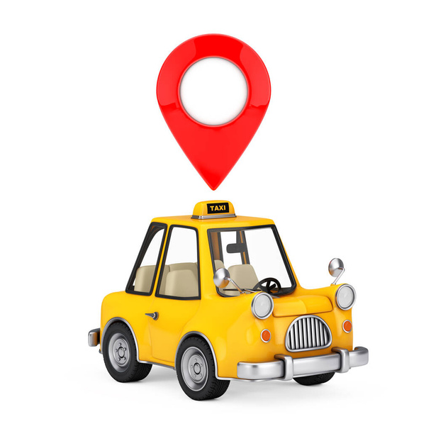 Gelber Cartoon Taxiwagen mit rotem Kartenzeiger-Pin auf weißem Hintergrund. 3D-Darstellung  - Foto, Bild