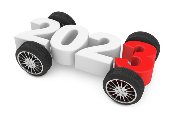 2023 Year Concept con ruote auto su sfondo bianco. 3d Rendering - Foto, immagini