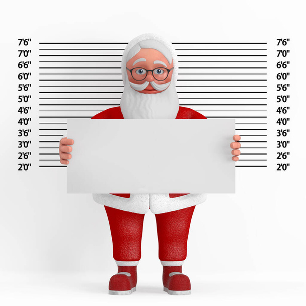 Karikatur Fröhlicher Weihnachtsmann-Opa mit Erkennungsplakat vor der Polizei-Lineup oder Mugshot-Hintergrund extreme Nahaufnahme. 3D-Darstellung  - Foto, Bild