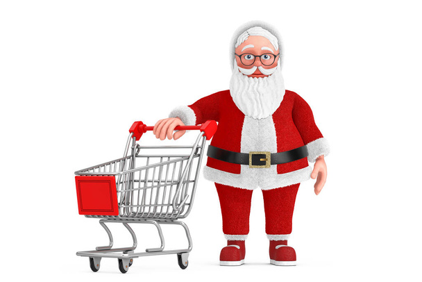 Desenhos animados alegre Papai Noel Granpa com carrinho de compras Trolley em um fundo branco. Renderização 3d  - Foto, Imagem