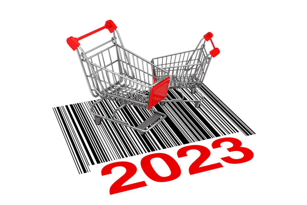 Dois carrinhos de compras vazios sobre o código de barras abstrato com novo sinal de 2023 ano em um fundo branco. Renderização 3d  - Foto, Imagem