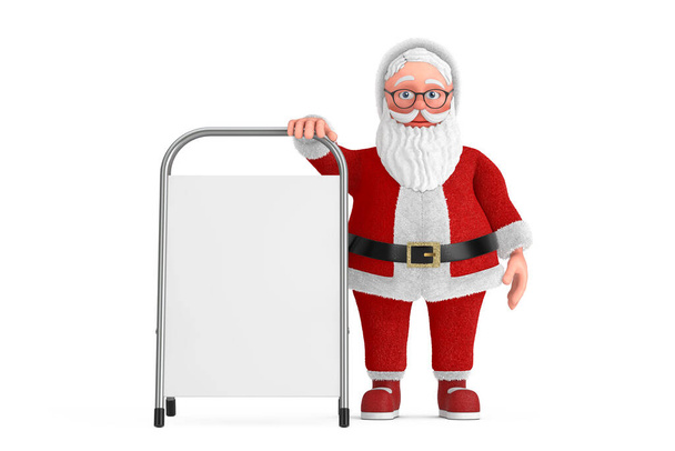 Cartoon Cheerful Santa Claus Granpa mit White Blank Advertising Promotion Ständer auf weißem Hintergrund. 3D-Darstellung  - Foto, Bild