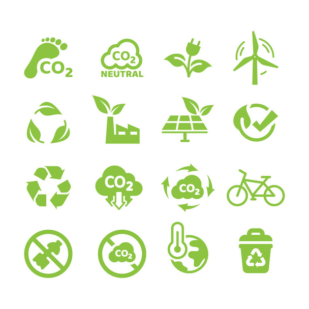 Emissões zero, conjunto de ícones vetoriais de pegada de carbono. Ecologia, símbolos ambientais e ícones - Vetor, Imagem