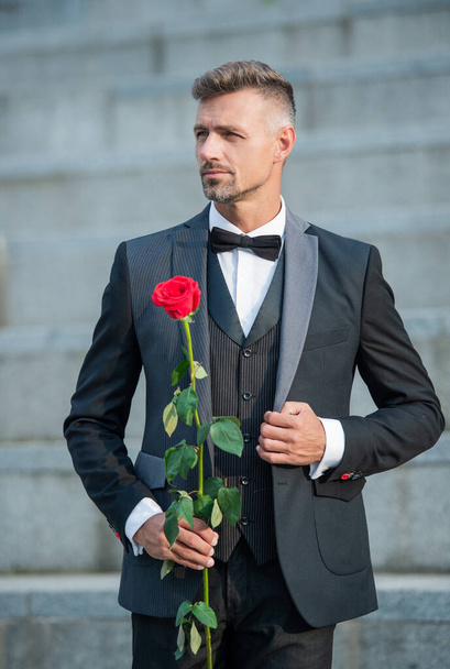 special occasion concept. elegant man with rose for special occasion. bridegroom at special occasion. - Photo, image