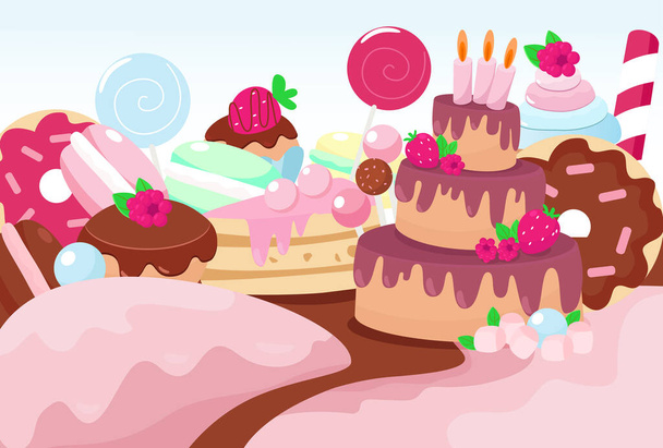 キャンドル、マカロン、ドーナツ、ロリポップ、漫画風のマフィンとお菓子ケーキのパノラマセット. - ベクター画像